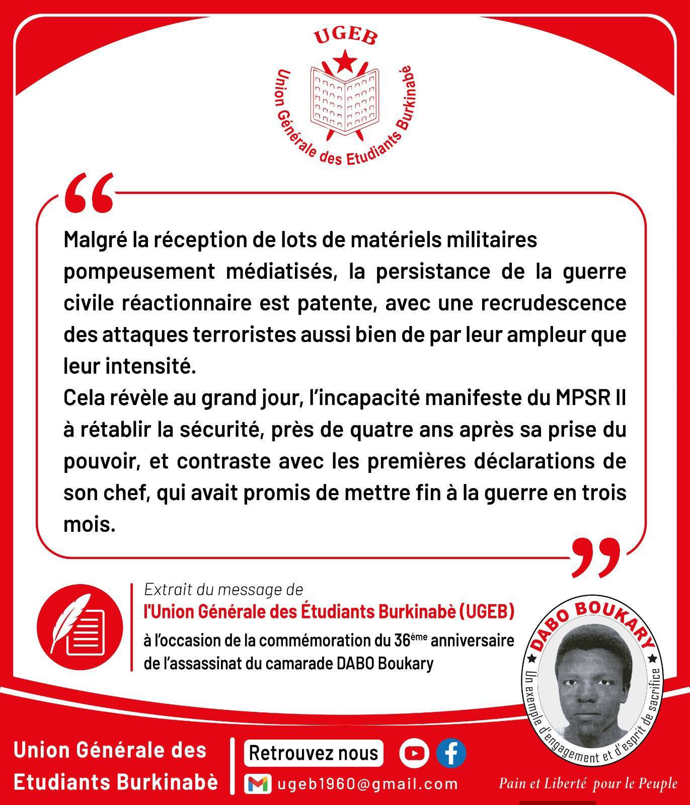 Burkina Faso : l&rsquo;UGEB dresse un bilan sans concession de la gestion sécuritaire sous le MPSR II