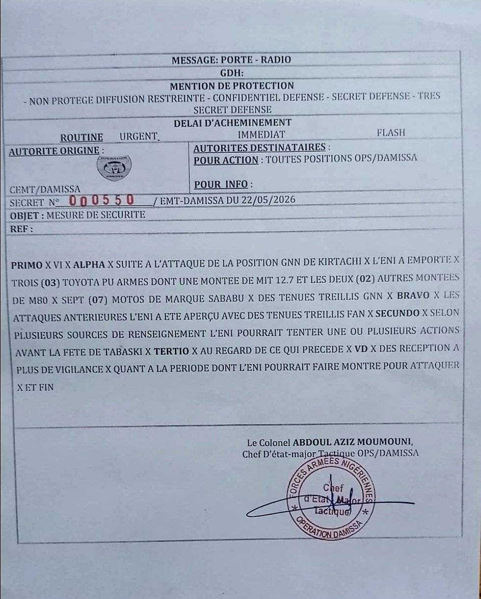 Kirtachi : un document classifié révèle l&rsquo;arsenal dérobé par le JNIM au Niger
