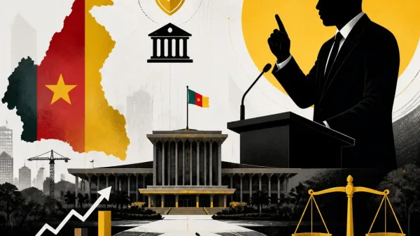 Illustration représentant Paul Biya et René Emmanuel Sadi lors d'une conférence de presse